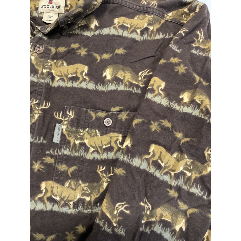 Woolrich Mens XL Chocolate Deer Print Flannel Button Down Shirt Brown 6579